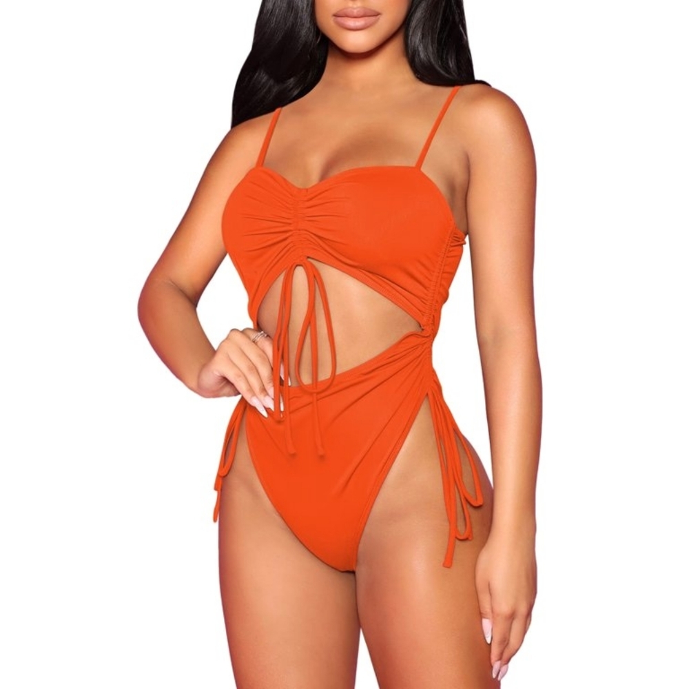 NWT Women's M Sexy Orange Cutout Drawstring One Piece High Cut Cheeky Mo…
